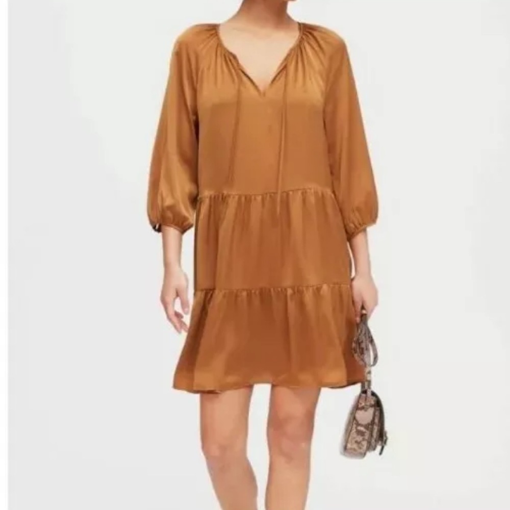Banana Republic Copper Satin Tiered Swing Boho 3/4 Sleeve Dress Size Small